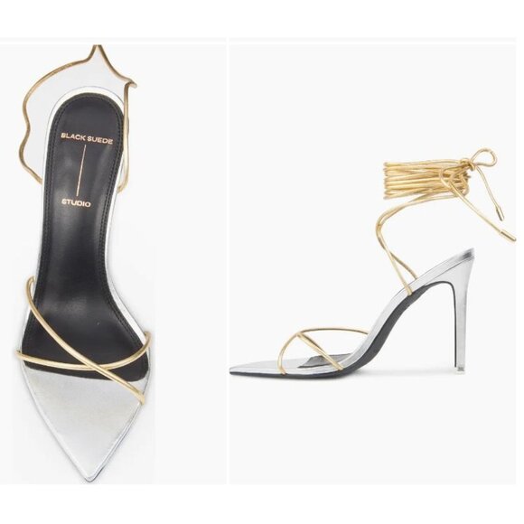 Black Suede Studio Talia Heel Pointy Sandal in Silver Gold 39 New with Box Women - Picture 15 of 15